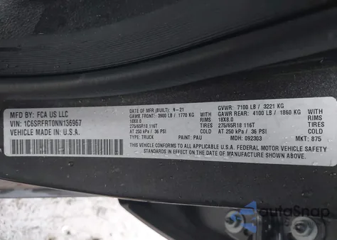 2022 Ram 1500 Laramie 4X4 6'4 Box из США, поврежденный, VIN 1C6SRFRT0NN136967